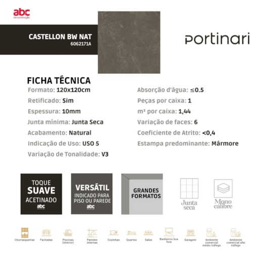 Porcelanato Portinari Castellon Bw Natural 120x120cm Retificado - Imagem principal - 48c360f0-01a5-4dc7-b2a5-6cf07f0aec88