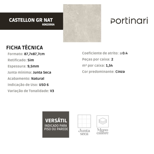 Porcelanato Portinari Castellon Gr Natural A 87,7x87,7cm Retificado - Imagem principal - 78a64539-9579-4c3a-9db1-a3744058cb04