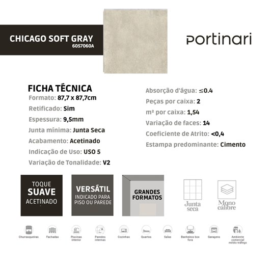 Porcelanato Portinari Chicago SGR Acetinado 87,7x87,7cm Cinza Retificado  - Imagem principal - a0bd16a8-0fd2-40d1-a162-98ac00656496