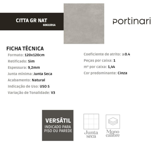 Porcelanato Portinari Citta Gr Natural 120x120cm Retificado - Imagem principal - 272e8406-62cb-45e2-afab-d52fde4146cf