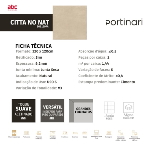 Porcelanato Portinari Citta No Natural 120x120cm Retificado - Imagem principal - d2700d0e-d37f-401b-94f3-63b4c126e29a