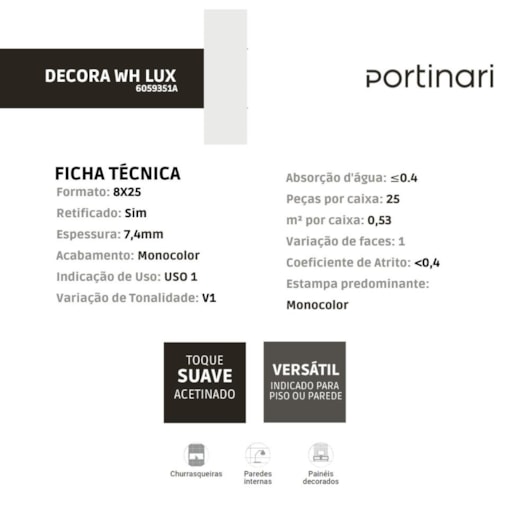 Porcelanato Portinari Decora White Lux Branco 8x25cm Bold - Imagem principal - 8935d6fd-def1-428f-b34d-fe5e050be40a
