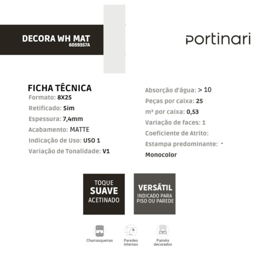 Porcelanato Portinari Decora White Matte 8,24x25,7cm Bold - Imagem principal - 5f33f4be-08f8-4c9b-9c60-5eaad9b66974