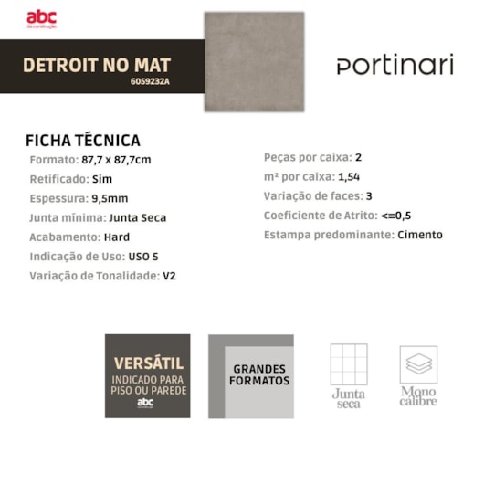 Porcelanato Portinari Detroit NO MAT Hard 87,7x87,7cm Retificado - Imagem principal - 52173288-ad27-4eaf-b1ee-75ea981db818