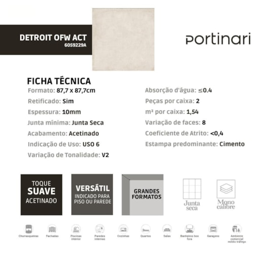 Porcelanato Portinari Detroit Off white Acetinado 87,7x87,7cm Retificado - Imagem principal - 23d19679-3a7a-4ff3-aff4-74b114b7992c