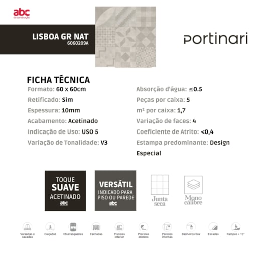 Porcelanato Portinari Lisboa Gr Natural Pei 4 60x60cm Retificado - Imagem principal - c59877b9-6d5a-45e6-a48a-cd44baa402e6