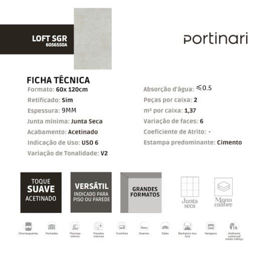 Porcelanato Portinari Loft Soft Acetinado 58,4X117cm Retificado  - Imagem principal - fc97a8ba-8266-4618-a3e4-9035a6287c9b