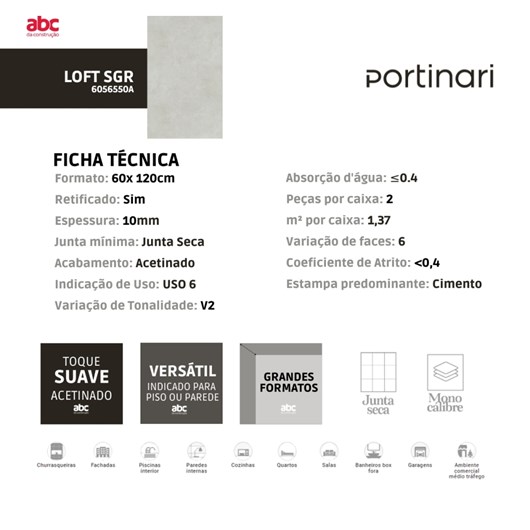 Porcelanato Portinari Loft Soft Acetinado 60x120cm Cinza Retificado  - Imagem principal - c043ab8c-82e9-4649-bc24-99f3b887f957