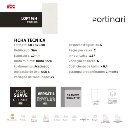 Porcelanato Portinari Loft Wh Pei 5 60x120cm Retificado - Imagem principal - 44be5867-319e-416f-b077-663994b4cd49