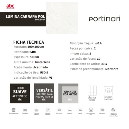 Porcelanato Portinari Lumina Carrara Polido 100x100cm Retificado - Imagem principal - 3dff97f0-8f7b-40ef-bbea-9b6042062953