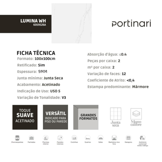 Porcelanato Portinari Lumina Wh Acetinado 100x100cm Retificado - Imagem principal - a5cb2175-30f5-4f1b-a0e9-b2d2e0c549f2
