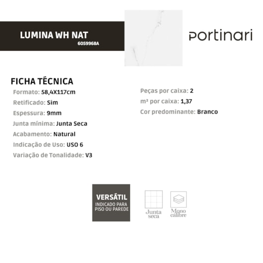 Porcelanato Portinari Lumina Wh Natural 58,4x117cm Retificado - Imagem principal - fad76199-8514-4d91-aeaf-b5c37a206d35