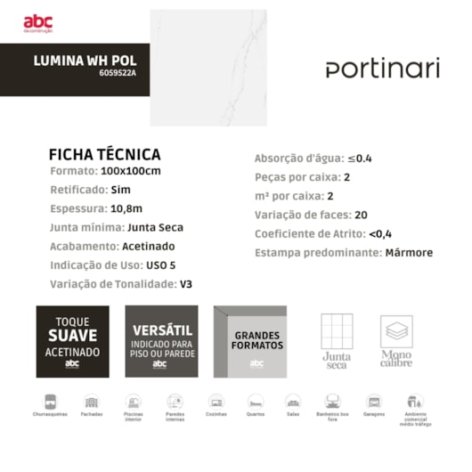 Porcelanato Portinari Lumina Wh Polido 100x100cm Retificado - Imagem principal - 4fd77040-1473-4cdc-9d54-4d0e58bb6abb