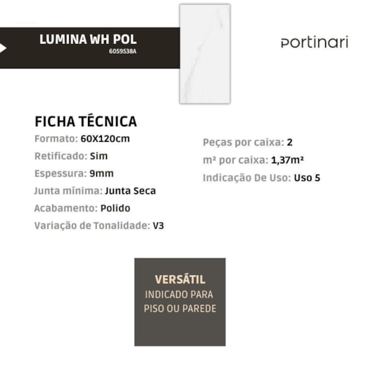 Porcelanato Portinari Lumina White Polido 60x120cm Retificado - Imagem principal - 9898081c-754e-43d1-be44-c226d2b72bad