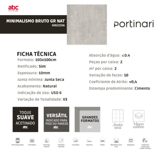 Porcelanato Portinari Minimalismo Bruto Gr Natural 100x100cm Retificado - Imagem principal - 77dea8e5-d270-4262-8a1e-bbf42beade0a