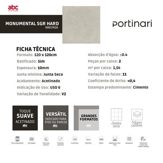 Porcelanato Portinari Monumental SGR Hard 120x120cm Cinza Retificado  - Imagem principal - 305568db-fbe9-4156-8513-4e5f00c13dd5