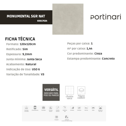 Porcelanato Portinari Monumental Sgr Natural 120x120cm Retificado - Imagem principal - 0aa3402d-5b39-40c6-987d-87478c10e5db