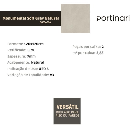 Porcelanato Portinari Monumental Soft Gray Natural 120x120cm Retificado - Imagem principal - d82bce6a-1697-4435-907f-20c5629694ba