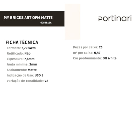 Porcelanato Portinari My Bricks Art Ofw Matte 7,7x24cm Bold - Imagem principal - 8763f1e7-00cb-4402-a092-9dcce27df882