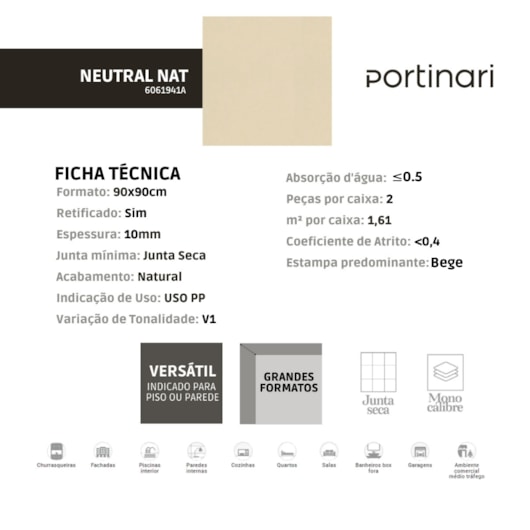 Porcelanato Portinari Neutral Natural 89,8x89,8cm Retificado  - Imagem principal - b28d933e-ebb0-46fe-acad-907a2c30ddc8