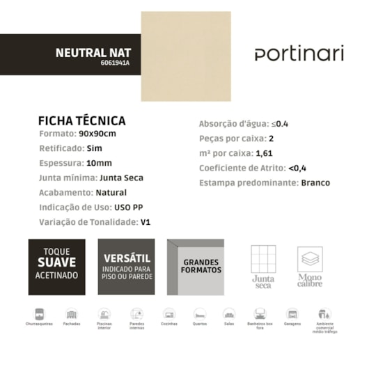 Porcelanato Portinari Neutral Natural 90x90cm Retificado  - Imagem principal - 8af3a214-c620-4a27-a15d-fafe5db74bb6