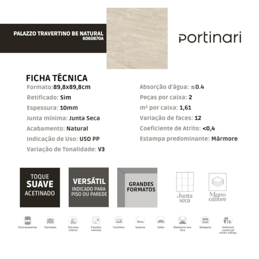 Porcelanato Portinari Palazzo Travertino Be Natural 89,8x89,8cm Retificado - Imagem principal - 16ac8c99-f83f-4b5b-a633-690142b00ee3