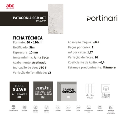Porcelanato Portinari Patagonia Sgr Acetinado 60x120cm Retificado - Imagem principal - f686e9c5-8b28-44f8-9e3c-ddbdd418255e