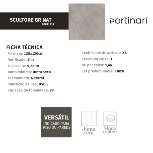 Porcelanato Portinari Scultore Grigio Natural 120x120cm Retificado - Imagem principal - 1f549ba1-b754-44fc-8a02-412bba93d07b