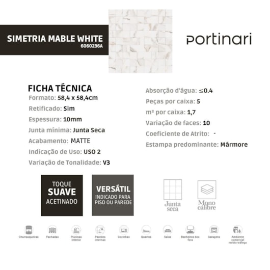 Porcelanato Portinari Simetria Marble WH 58,4x58,4cm Retificado - Imagem principal - d5d0f544-0e75-41a2-93e0-0e43c872258f
