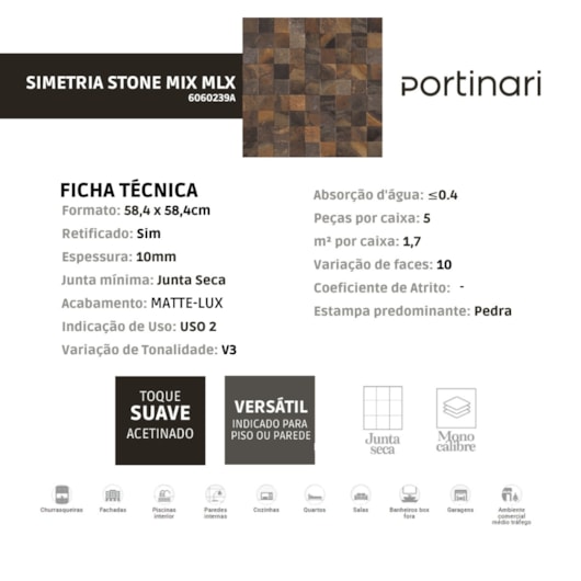 Porcelanato Portinari Simetria Stone Mix Matte 60x60cm Pedra Retificado  - Imagem principal - 54f9f06c-9a8c-4d82-8d83-690a24b64314