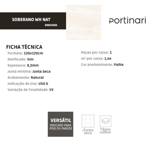 Porcelanato Portinari Soberano White Natural 120x120cm Retificado - Imagem principal - 79038b54-ca90-4f14-94ff-27b282d82cde