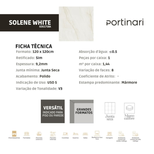 Porcelanato Portinari Solene White Polido 120x120cm Retificado  - Imagem principal - b7796b8a-f645-407c-9163-d2ee8922b001