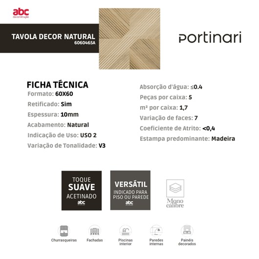 Porcelanato Portinari Tavola Decor Natural 60x60cm Madeira Retificado  - Imagem principal - 032af919-a25f-4d44-aab2-7298677b62d7