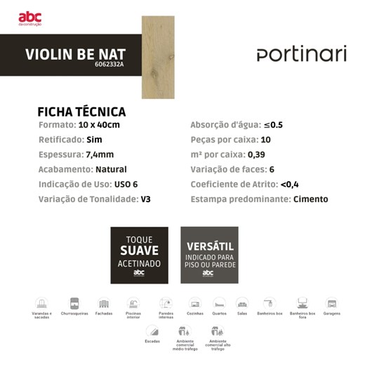 Porcelanato Portinari Violin Be Natural Pei 6 10x40cm Bold - Imagem principal - 4632ad30-c648-4f40-bc69-a0fa2a9b6cb1