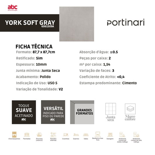 Porcelanato Portinari York SGR Polido 87,7x87,7cm Cinza Retificado  - Imagem principal - 20d43729-5921-4665-9125-25bf8d133bfb
