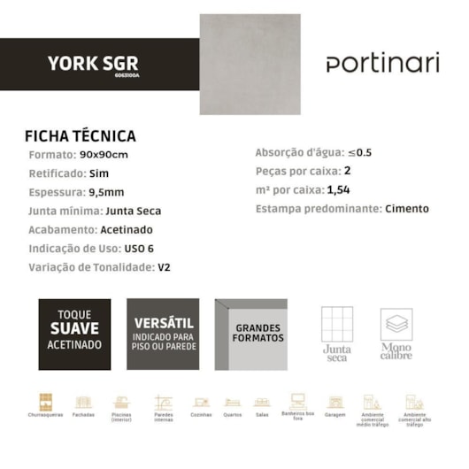 Porcelanato Portinari York Soft Gray Acetinado 90x90cm Retificado - Imagem principal - 0007f4d7-782a-44ac-b8f3-d5a029ca833d