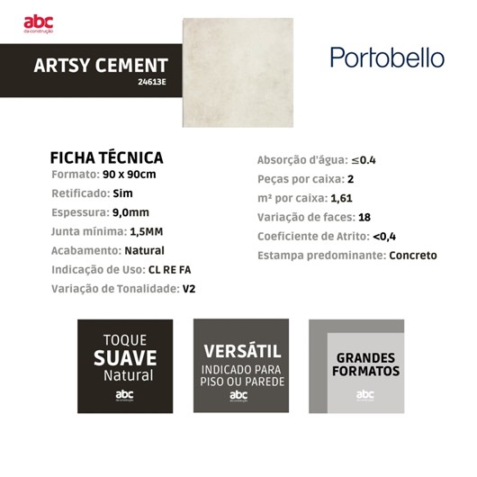 Porcelanato Portobello Artsy Cement Natural 90x90cm Bege Retificado  - Imagem principal - 76627b77-4237-4279-98f4-293e5c175efb