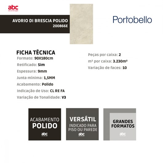 Porcelanato Portobello Avorio Di Brescia Polido 90x180cm Retificado  - Imagem principal - 8418dc8e-86eb-4418-8b05-6bbbf711c571