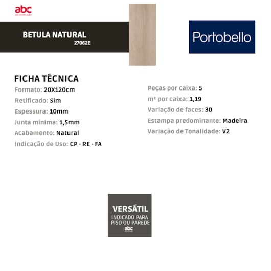 Porcelanato Portobello Betula Natural 20x120cm Retificado  - Imagem principal - 0e720072-0173-4f75-9584-c08c35f34f3b