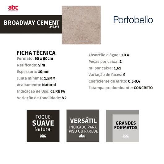 Porcelanato Portobello Broadway Cement Natural 90x90cm Cinza Retificado  - Imagem principal - 1c7bcf2c-8295-4520-8642-bde92d164c53