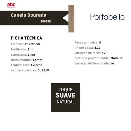 Porcelanato Portobello Canela Dourada Externo 20x120cm Retificado - Imagem principal - 6b81c7e3-c057-4164-bd20-2265153bf003