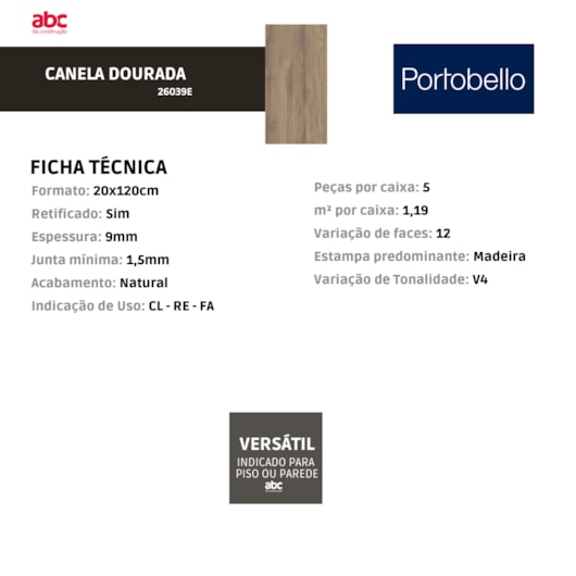 Porcelanato Portobello Canela Dourada Natural Madeira 20x120cm Retificado  - Imagem principal - 54a01ca4-9000-4b31-a58a-e1e96daf4764