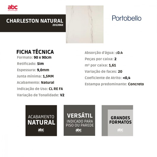 Porcelanato Portobello Charleston Natural 90x90cm Retificado  - Imagem principal - 8419e6e2-b9ba-4a37-b65b-1e63e72019fd