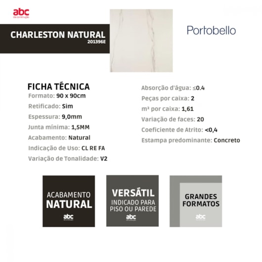 Porcelanato Portobello Charleston Natural 90x90cm Retificado  - Imagem principal - 17275fb4-2e26-4d84-8b4f-47ee580fd2cb