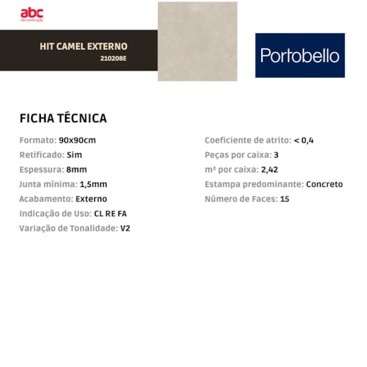 Porcelanato Portobello Hit Camel Externo 90x90cm Retificado - Imagem principal - 61142af5-d26f-40f6-b479-3179c2d1917d