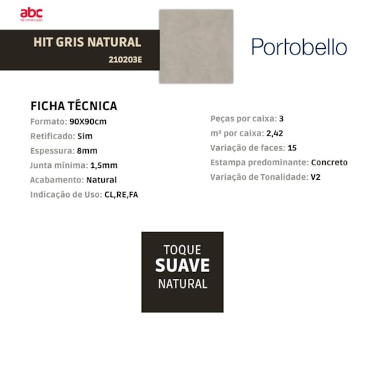 Porcelanato Portobello Hit Gris Natural 90x90cm Retificado - Imagem principal - 5bac683d-61ef-4333-99b0-f942a1e9effc