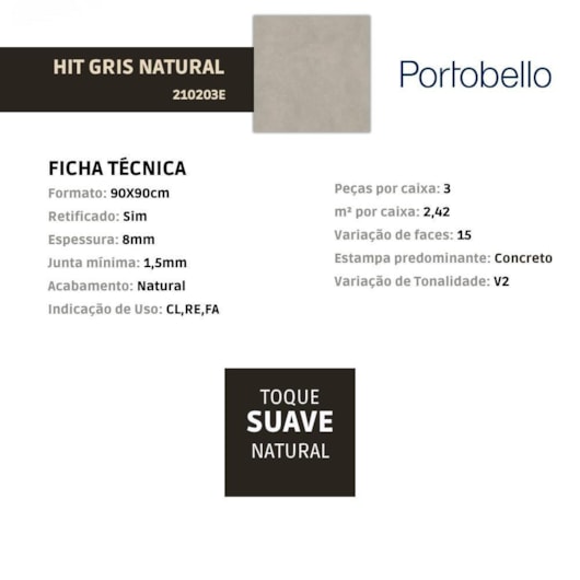 Porcelanato Portobello Hit Gris Natural 90x90cm Retificado - Imagem principal - 20d80def-1f2e-4f69-8dea-dbc0326e0045