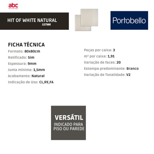 Porcelanato Portobello Hit Off White Natural 80x80cm Retificado - Imagem principal - c61e0640-62ad-46d1-bf1e-d9d1f1b2c51d