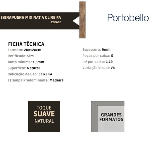 Porcelanato Portobello Ibirapuera Mix Natural 20x120cm Retificado - Imagem principal - 3a1b11da-e6af-43a8-9af2-fbbd8fb4cc12