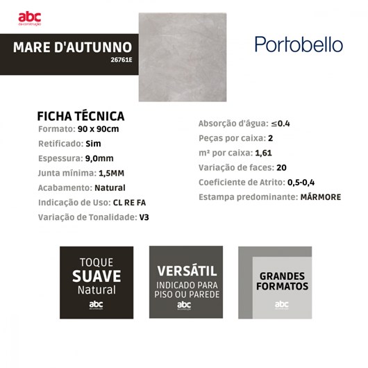 Porcelanato Portobello Mare Dautunno Natural 90x90cm Cinza Retificado  - Imagem principal - d4f2fecc-41bc-423d-ade9-2184695061b1